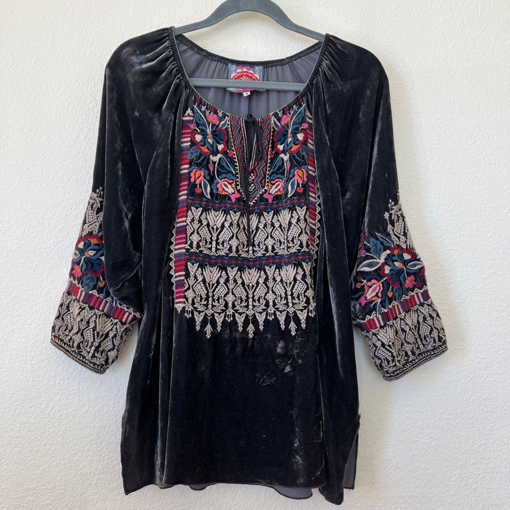 Johnny Was Black Velvet Tunic with Multicolor Embroidery